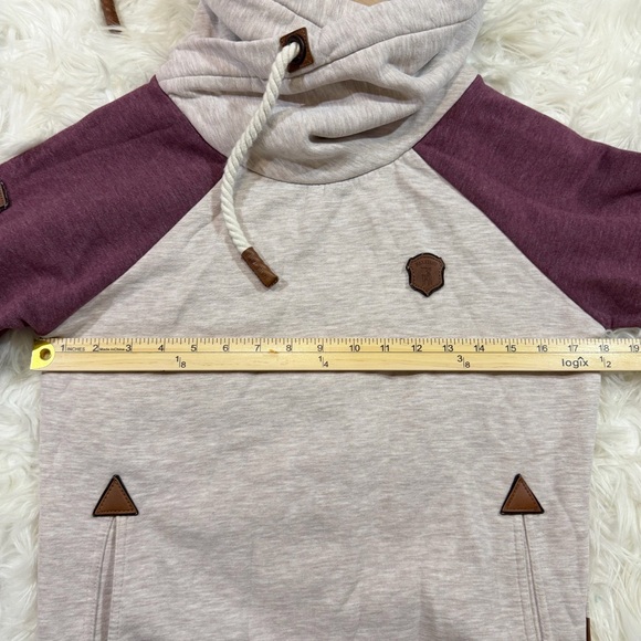 Naketano "Brave New World" Pullover Hoodie Heather Gray & Purple/Maroon Sleeves - Picture 14 of 14